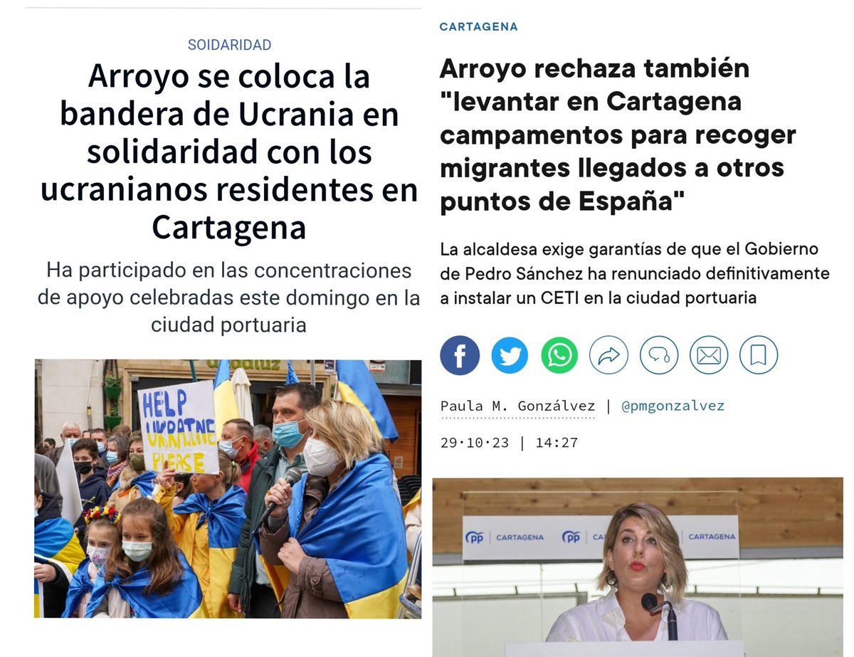 Dos titulares juntos de <a href="/NoeliaArroyoHer/">Noelia Arroyo</a>, alcaldesa de Cartagena.
A las personas de Ucrania les abrió las puertas de par en par. 
A las de África, aquí no las quiere. 
La solidaridad según los colores de piel y esas cosas del racismo.
