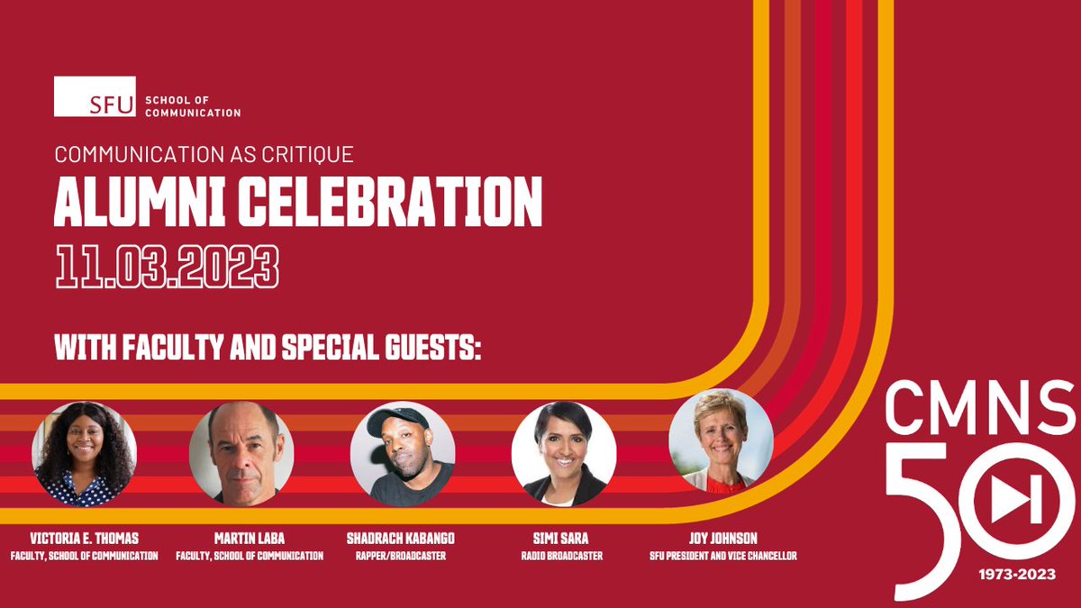 Our #sfucmns50 Alumni Celebration is this Friday!

Join our outstanding alumni, faculty and staff for a night of celebrating the history of our School and its graduates. There will be cocktails, entertainment and much more!

Register now: eventbrite.ca/e/50th-anniver…