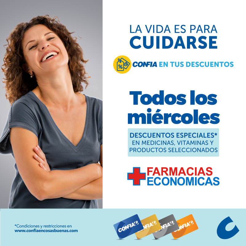 AFPCONFIA's tweet photo. El miércoles es el día perfecto para ahorrar en @F_Economicas con tu #CarnéCONFIA 😉. Aprovecha descuentos especiales* y continúa cuidando tu salud. 💊​

*Conoce condiciones y restricciones en: https://t.co/Jfdzqp85DN 🔍