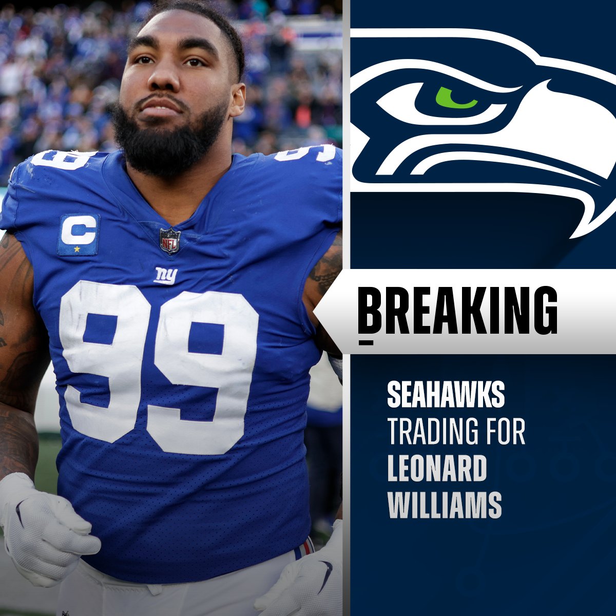 NFL's tweet photo. TRADE: Seahawks finalizing deal to acquire Giants DL Leonard Williams in exchange for a 2024 second-round pick and a 2025 fifth-round pick. (via @RapSheet &amp; @MikeGarafolo) https://t.co/kzOwHkDNF3