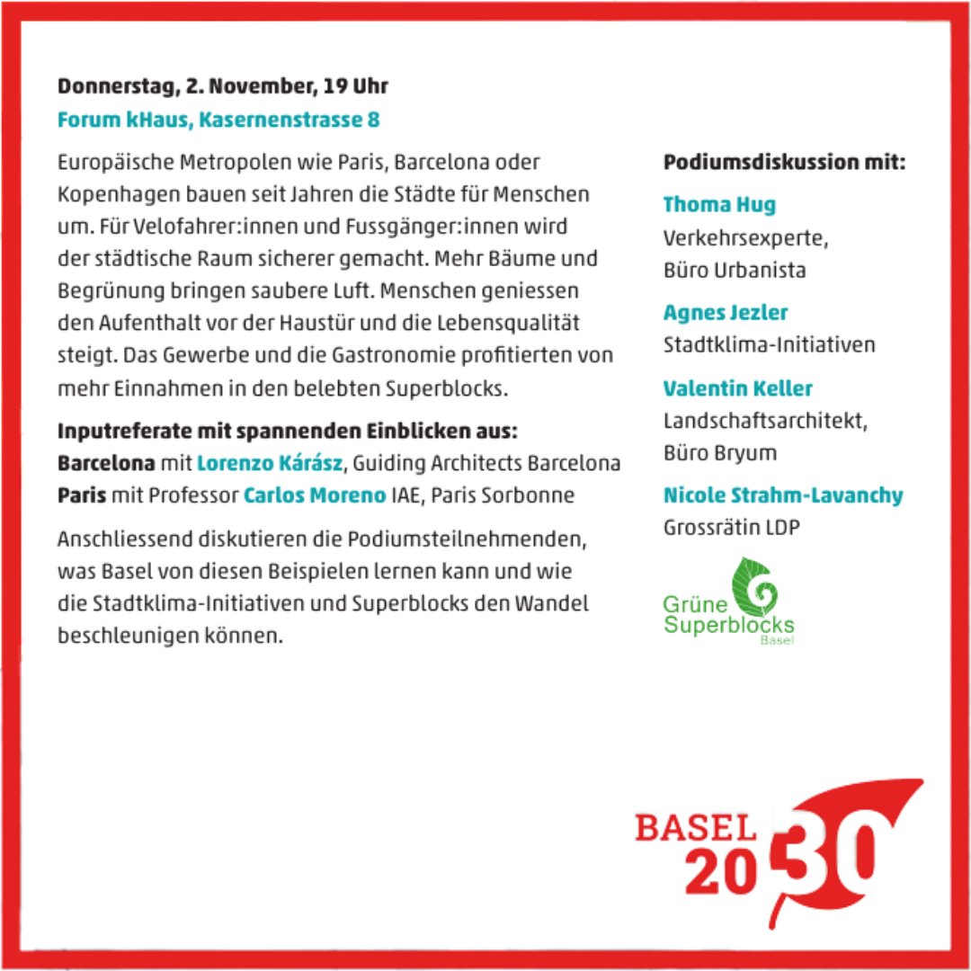 KlimaBasel2030's tweet image. Diesen Donnerstag, 19h, Kaserne (Erdgeschoss)

Wie schaffen wir es, Basel zu begrünen und den Raum für Fussgänger:innen und Velofahrer:innen zu nutzen?
Europäische Grossstädte machen es vor. Komme mit und schaue, was wir von Paris, Barcelona oder von Kopenhagen lernen können.
