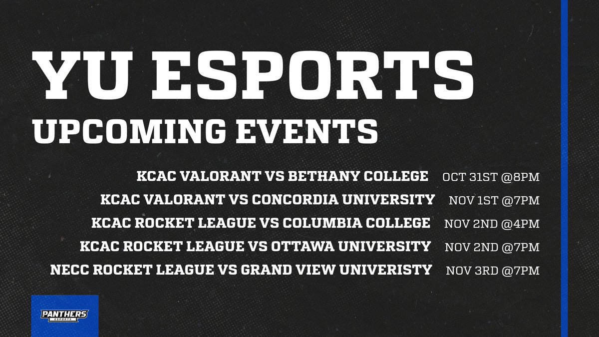 Ladies and gentleman we have a packed week full of <a href="/kcacesports/">Kansas Collegiate Athletic Conference Esports</a> Valorant and Rocket League with <a href="/neccgames/">NECC</a> Rocket League on Friday stay tunned for stream links and game updates!!!!
#YUESPORTS #WEAREYU #ROCKETLEAGUE #VALORANT