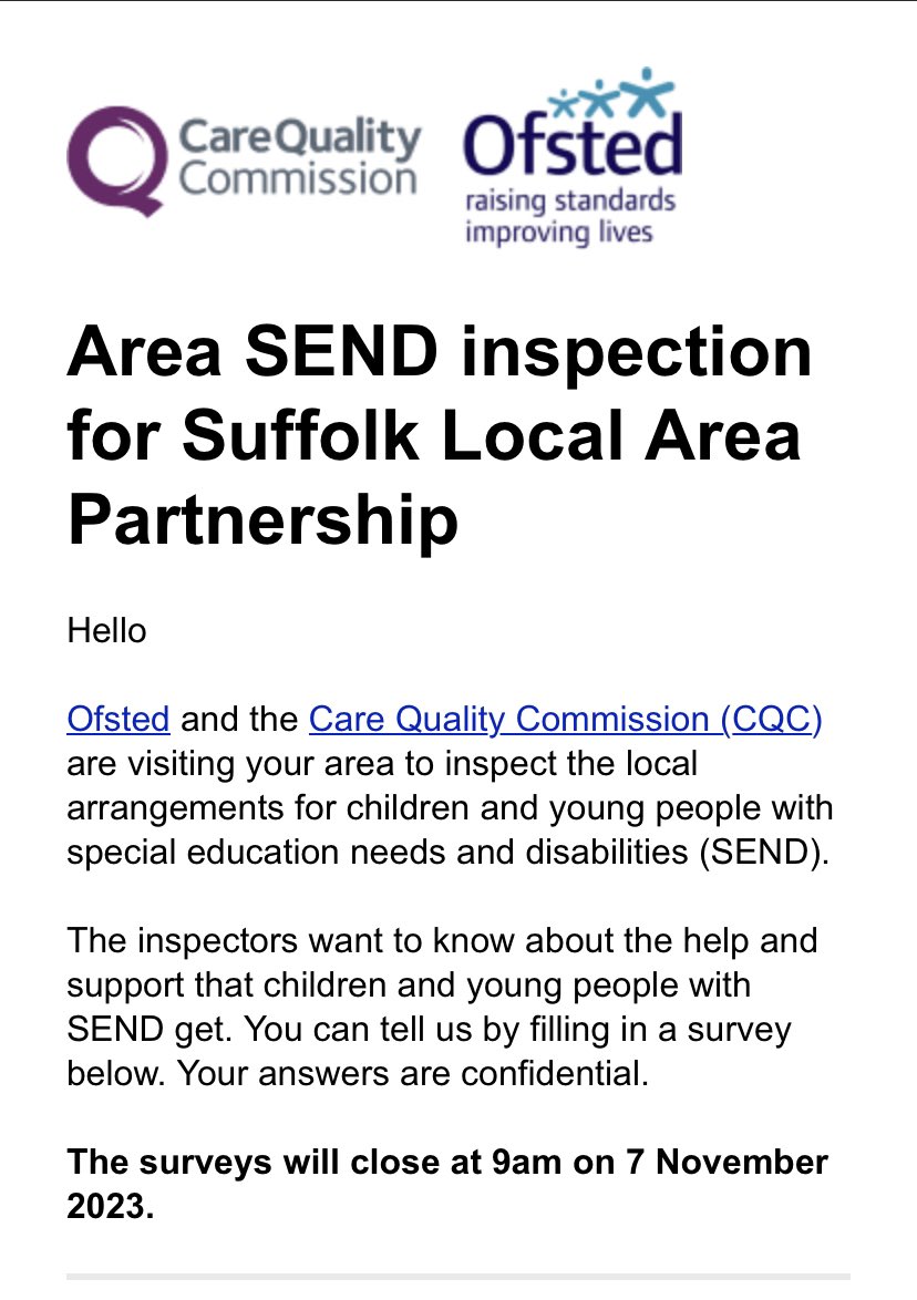 Click the link to feedback to the #SuffolkSEND2023 inspection beginning soon. Survey closes Nov 7th at 9am. Please retweet to reach as many as possible 💜 ofsted.smartsurvey.co.uk/p/AreaSend/102…