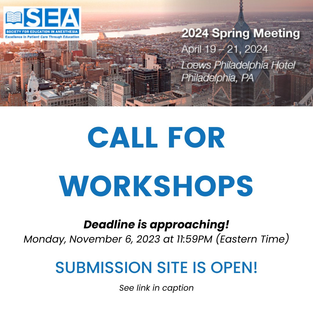 Submissions Due Monday, November 6th! SEA members are invited and encouraged to submit abstracts and workshops for the 2024 Spring Meeting. Click here to learn more: tinyurl.com/2c4tbah3