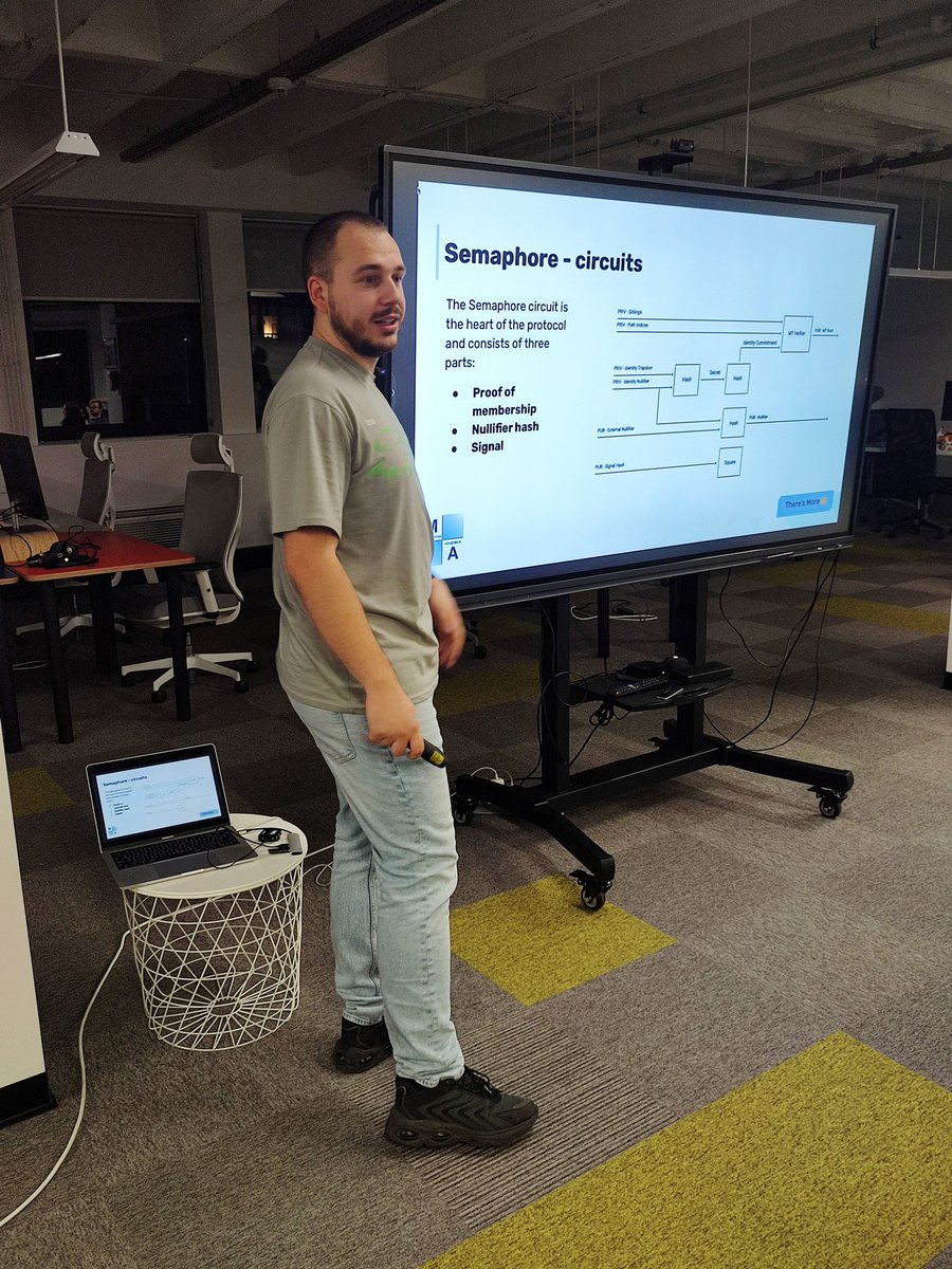 After discovering a new type of addition, there were:

1. Semaphore Overview
2. Semaphore Features
3. Semaphore Circuits

@AndrijaNovakov6 from @__geometry__ gave us an aspect of using Merkle tries as a commitment scheme and it was an eye-opening lecture 🤓

Can't wait for more!