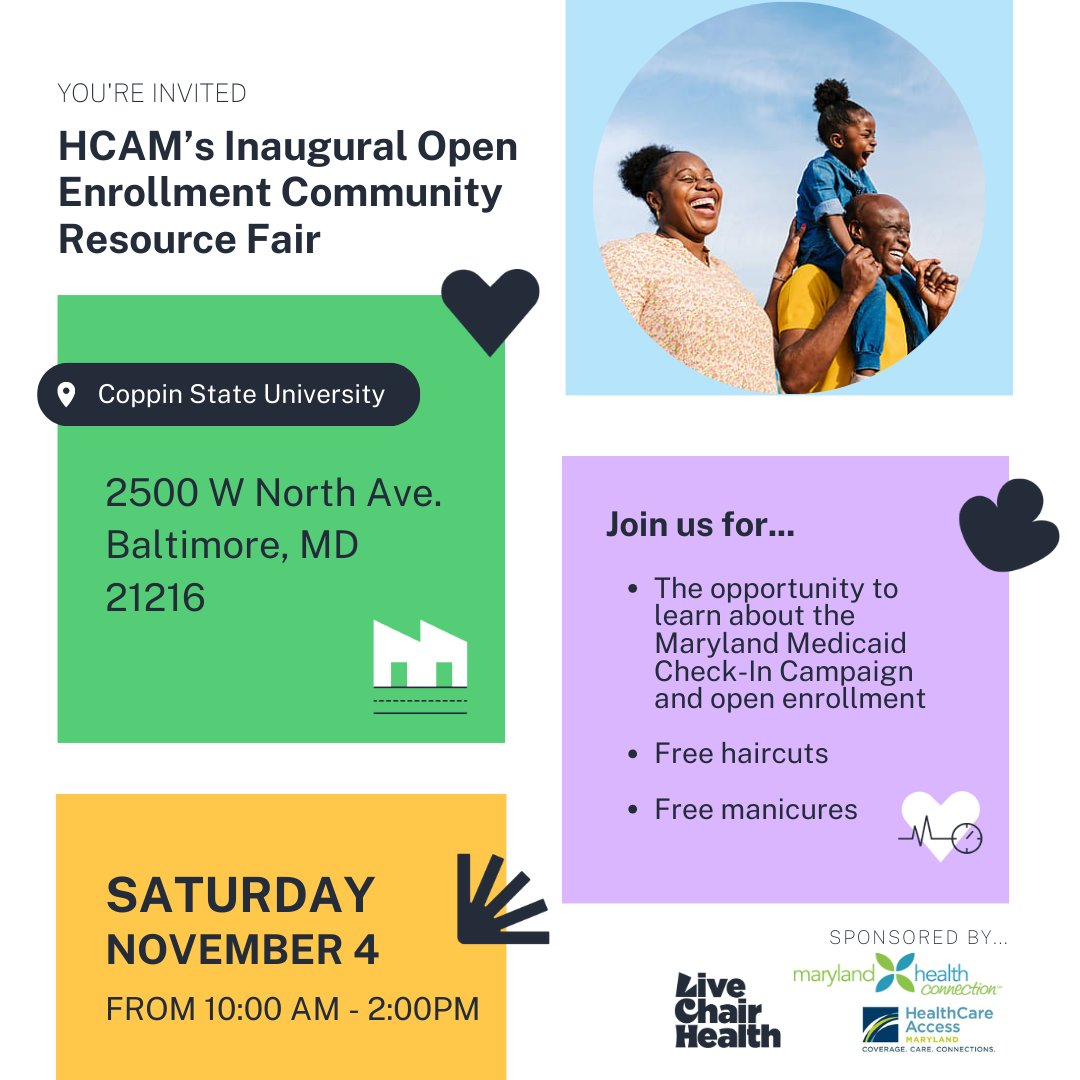 Curious about the Maryland Medicaid Check-In Campaign and open enrollment for the upcoming year? This is your chance to get all the information you need! Details in the photo.

We look forward to seeing you this weekend and helping you make the most of your Medicaid options.