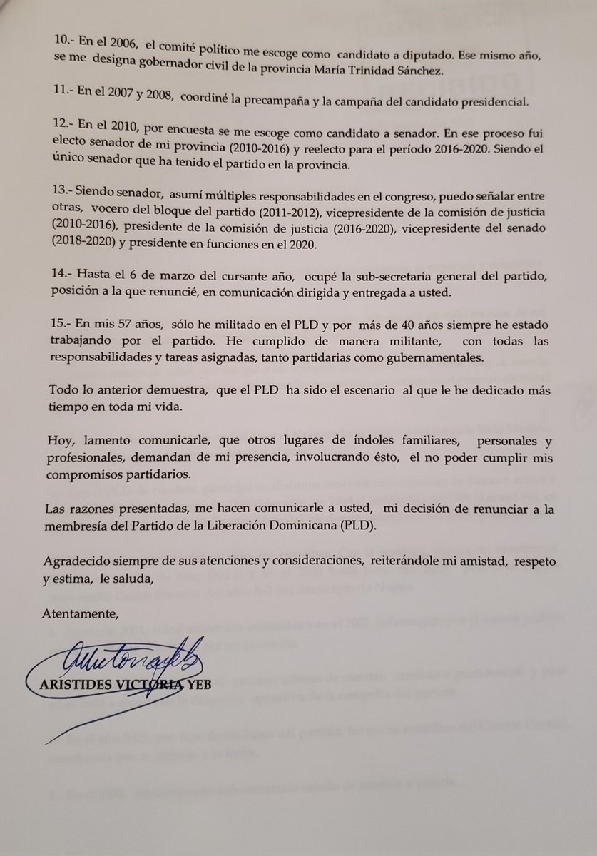 Hago de conocimiento público mi carta de renuncia del PLD, depositada el 30 de agosto 2023.