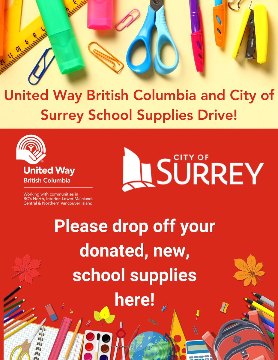 Attention members, the United Way and the City of Surrey are doing a School Supplies drive. Donation boxes have been placed around the workplaces, or you can contact Kim Jackson or Monika Dean if you have donations that need to be picked up.