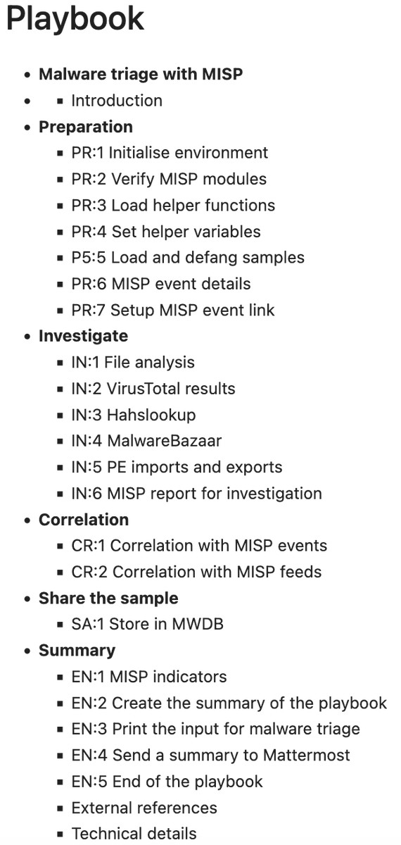 I shared the @MISPProject playbook for malware triage that I regularly use for a first assessment on new samples. It uses MISP, @virustotal , MalwareBazaar, Hashlookup and pefile, uploads to MWDB and alerts to Mattermost. #csirt #ir #dfir github.com/MISP/misp-play…