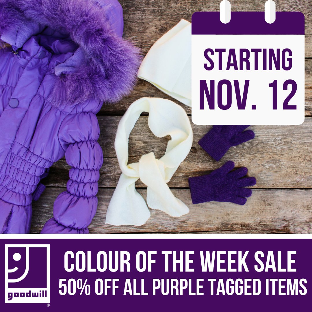 Our Colour of the Week is PURPLE! All purple tagged items are 50% off all week!  

Sale now includes all tagged clothing items! Find a store near you and pick up something tagged purple today!👀

#Goodwill #Thrift #ThriftStore #Charity #SustainableGood #Fashion