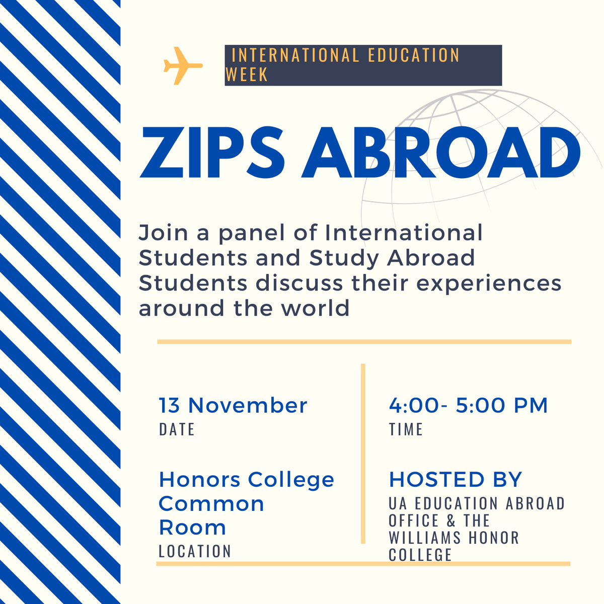 UAstudyabroad's tweet photo. Save the date!  Celebrate International Education Week with a panel of UA students who will share their experiences from around the world https://t.co/zxGGMZ48z0