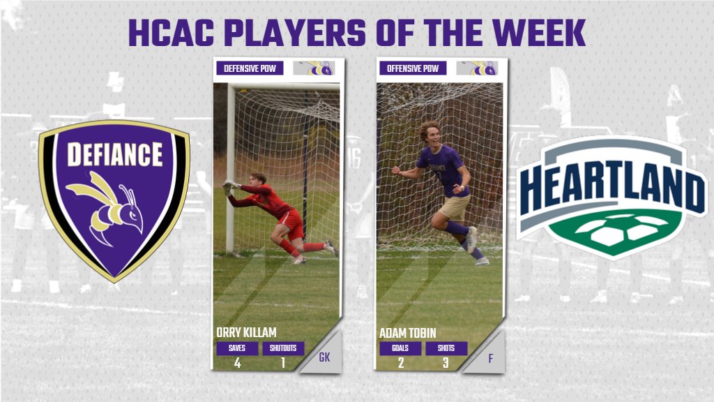 Congratulations to Orry Killam and Adam Tobin for claiming BOTH Men's Soccer HCAC Player of the Week Awards!

Story: defianceathletics.com/sports/msoc/20…