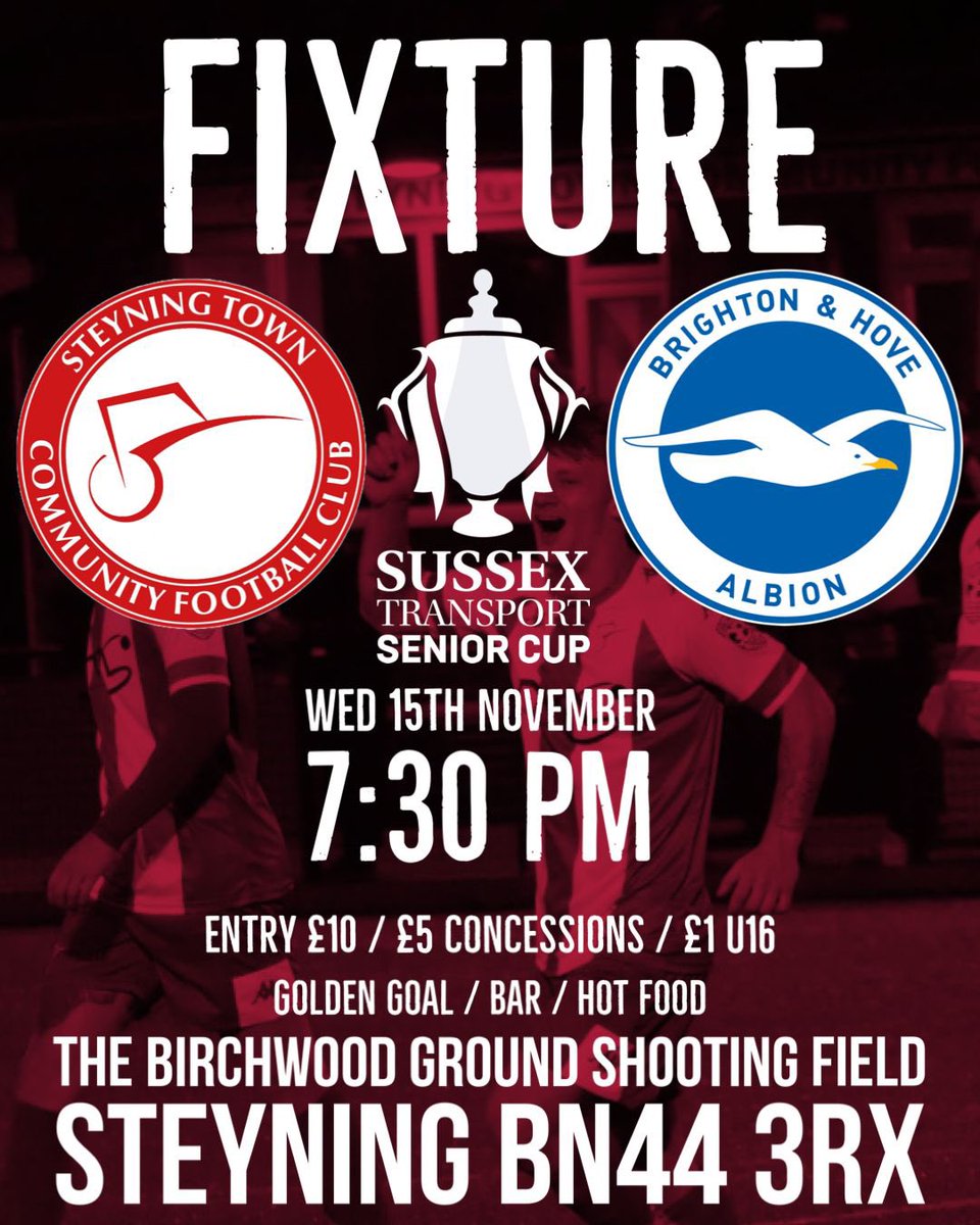 SteyningTown's tweet photo. Tickets are now on sale for 

Steyning Town v Brighton &amp; Hove Albion 

in The Sussex Senior Cup . 

See link below 👇 

PLEASE SHARE

https://t.co/Y6VKZPTeLk

@OfficialBHAFC  
@NorthStandChat https://t.co/QhRVUdPCSV