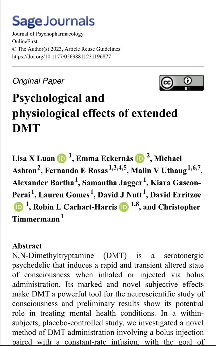 Our new work on the effects of continuous infusion of #DMT is now out! Big congrats to @lisaxiaolu @neurodelia and all the others! 👽 journals.sagepub.com/doi/10.1177/02…