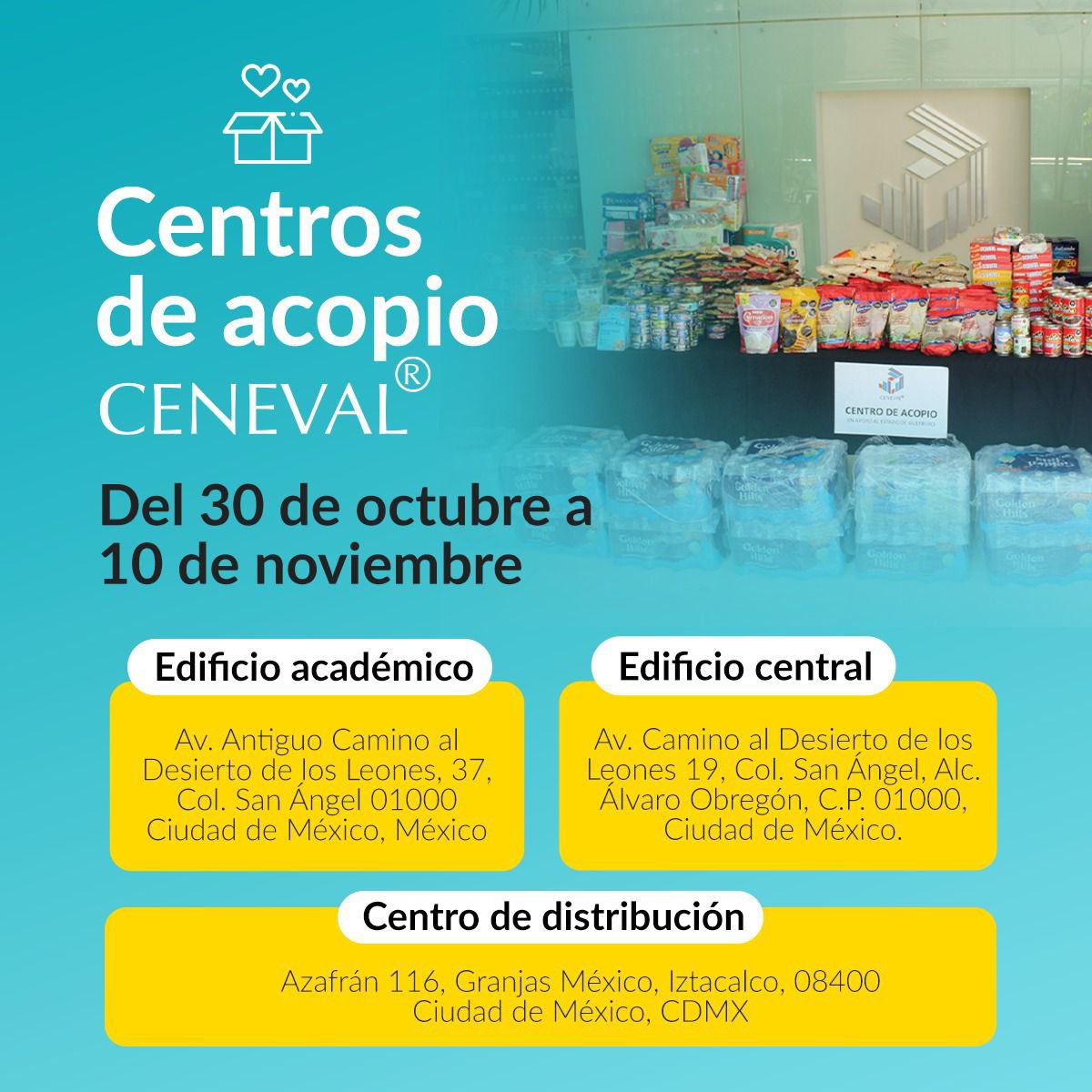 SomosCeneval's tweet photo. Nos unimos a las brigadas de ayuda para los damnificados por el huracán Otis en Acapulco. Invitamos a la ciudadanía a visitar los centros de acopio de nuestras instalaciones para dejar víveres, herramientas y artículos limpieza, los cuales serán entregados a la Cruz Roja Mexicana https://t.co/3lQHmaDU8w