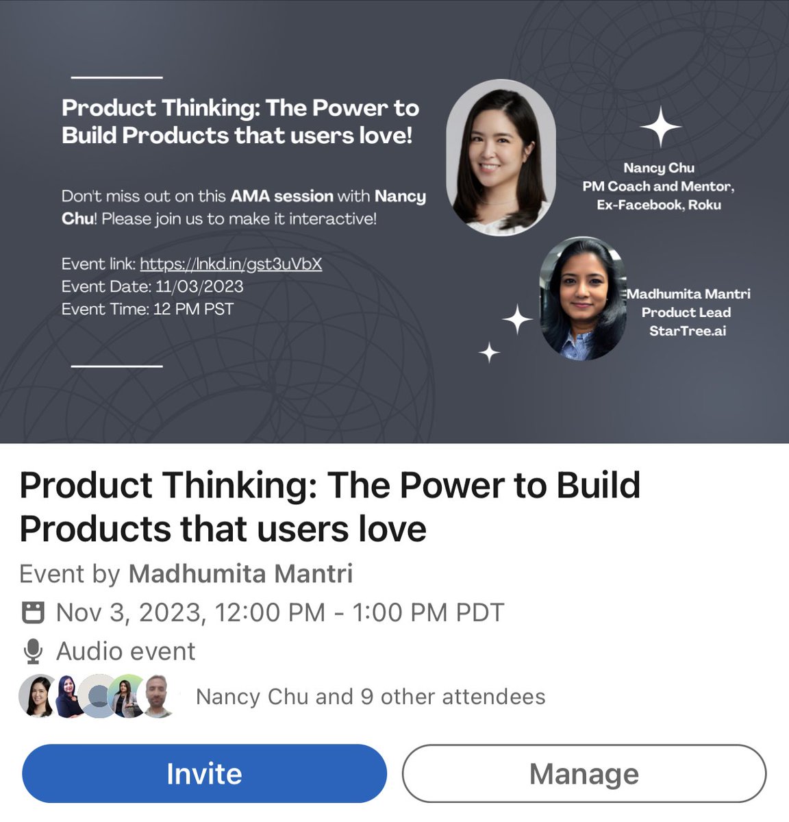 I am hosting an AMA session with  Nancy Chu, PM Coach and Mentor, Ex-Facebook, Roku on 11/03 at 12:00 PM PST on the topic Product Thinking: The Power to Build Products that Users love.

The link to the event can be found in the comments section

#ProductThinking #AMA #innovation