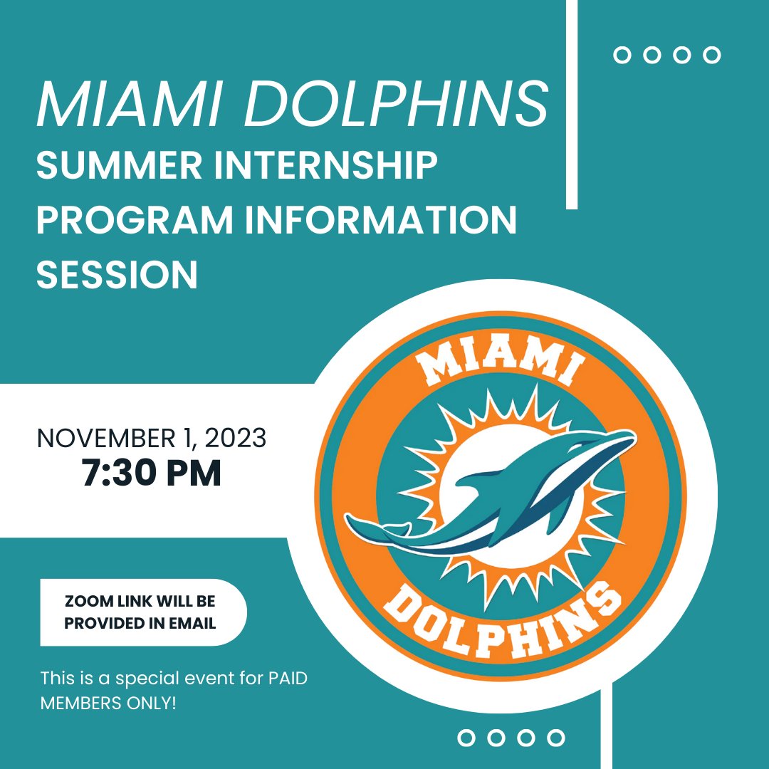 MSUFLISE's tweet photo. Join us on Wednesday to learn more about the Miami Dolphins Summer Internship! This will be completely over Zoom and is for PAID members only!! Please bring questions to ask and we look forward to seeing you there!! https://t.co/VRc1TgJHDl