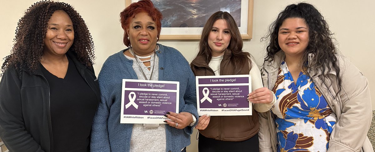 VAPugetSound's tweet photo. Stand with us against sexual harassment, sexual assault and domestic violence. Take the White Ribbon VA pledge https://t.co/6j7gmrAoft and demonstrate your support of survivors!
#WhiteRibbonVA #FacesofVAPugetSound https://t.co/EYkR22GUxi