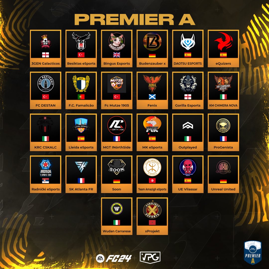 Virtual Pro Gaming (@officialvpg) on Twitter photo ๐ Welcome to the <a href="/VPGEurope/">Virtual Pro Gaming | Europe</a> Premier A. ๐ช๐บ
๐ช๐ฝ We would like to wish you all the best of luck in the season.
โฝ๏ธโs!
@unrealxunited
<a href="/eQuizersEC/">eQuizers</a>
<a href="/LleidaEsports/">Lleida Esportiu eSports</a>
@skatlanta1
@DaotsuEAFC
<a href="/INorthSideFC/">INรถrthSide</a>
@BesiktasEspor
<a href="/RadnickieSpFIFA/">Radniฤki Esport FIFA</a>
<a href="/MrTaktisyen/">Taktisyen</a>
@Outplayed
@BINGUSESPORTS ๐ Welcome to the <a href="/VPGEurope/">Virtual Pro Gaming | Europe</a> Premier A. ๐ช๐บ
๐ช๐ฝ We would like to wish you all the best of luck in the season.
โฝ๏ธโs!
@unrealxunited
<a href="/eQuizersEC/">eQuizers</a>
<a href="/LleidaEsports/">Lleida Esportiu eSports</a>
@skatlanta1
@DaotsuEAFC
<a href="/INorthSideFC/">INรถrthSide</a>
@BesiktasEspor
<a href="/RadnickieSpFIFA/">Radniฤki Esport FIFA</a>
<a href="/MrTaktisyen/">Taktisyen</a>
@Outplayed
@BINGUSESPORTS