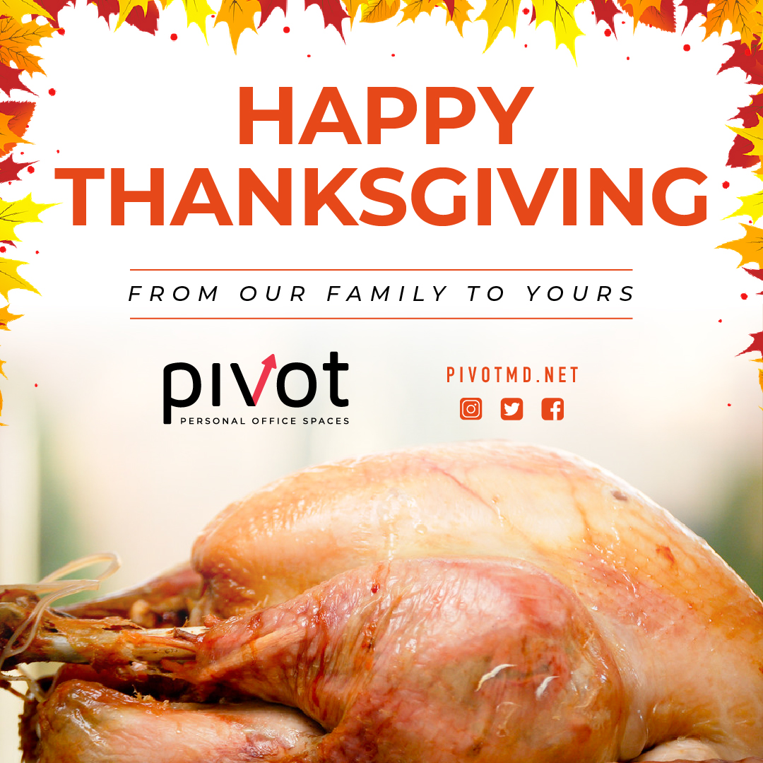 PivotWork's tweet photo. Wishing you all a Happy Thanksgiving!

We hope you enjoy this time with your loved ones and have an amazing day full of laughter, fun, food, drinks, and more!

#pivotworkspaces #officespace #coworking #HappyThanksgiving https://t.co/A3yncBksCB
