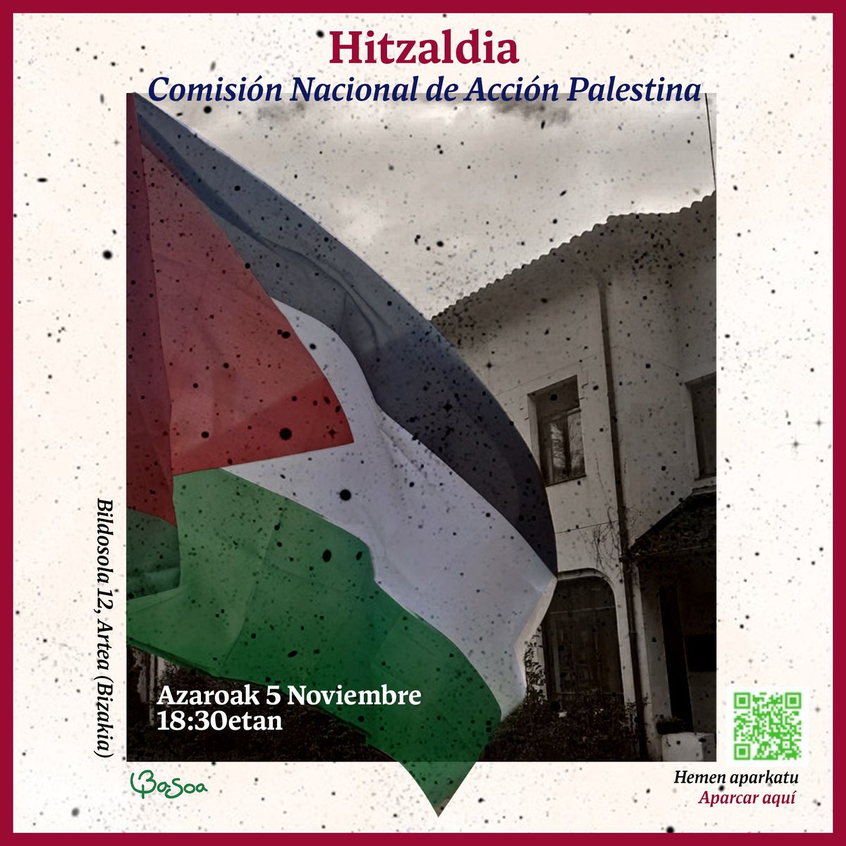 📝 Hitzaldi
🕛 18:30
📆 Azaroak 5 Noviembre
✊ Comision Nacional de Accioón Palestina 

#freepalestine