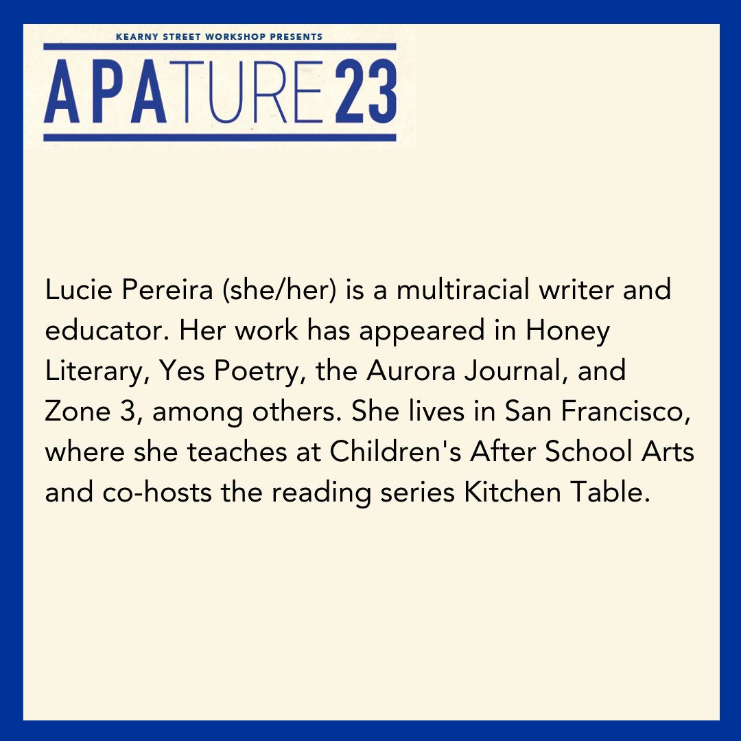 Our next showcase artist for Seeking Home, APAture 2023's literary showcase is poet and co-host of the Kitchen Table reading series, Lucie Pereira! Join us for APAture's penultimate event this Wednesday at 7pm. Tix at link in bio!