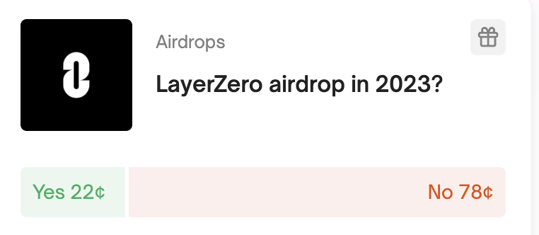 Polymarket's tweet photo. Remember when Polymarket predicted the Arbitrum airdrop?

There's a 22% chance @LayerZero_Labs will do an airdrop in the next 63 days. 

Worth farming? 🧑‍🌾💸 https://t.co/loMA7VHkQk