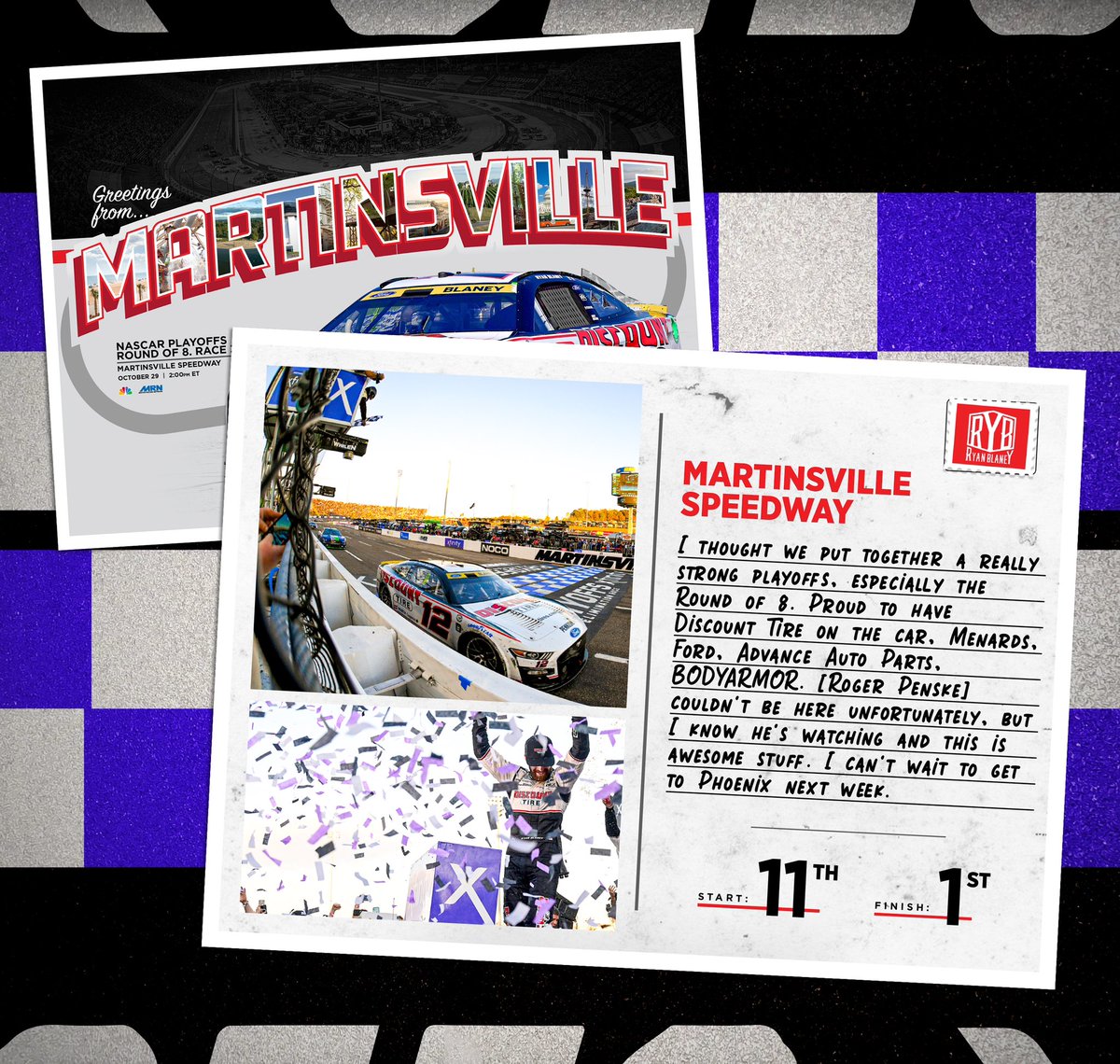 Blaney's tweet image. Thank you Martinsville and all of our amazing Partners and supporters! Our crew got it done, but the big one is still waiting for us in Phoenix. We are ready. Let’s go.