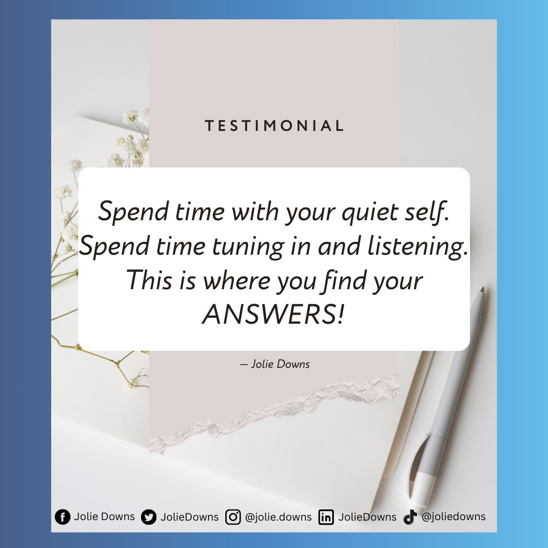 JolieDowns's tweet image. Your answers will not be found from others or outside influences - your answers can only be found within. It will be impossible to hear what you really need unless you stop and take the time for quiet contemplation.

#SelfReflection
#Answers
#ThrivingAfter40
#JolieDowns