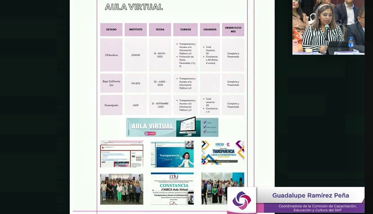 La Coordinadora <a href="/GuadalupeRmrz/">Guadalupe Ramirez Peña</a>, en compañía del Secretario <a href="/RobertoNavaC_/">Roberto Nava Castro</a>, lleva a cabo la presentación del Informe de Actividades de la Comisión de Capacitación, Educación y Cultura del <a href="/CONAIP_SNT/">Sistema Nacional de Transparencia</a>.
#EnVivo ▶️ youtube.com/live/axQmCEG-K…