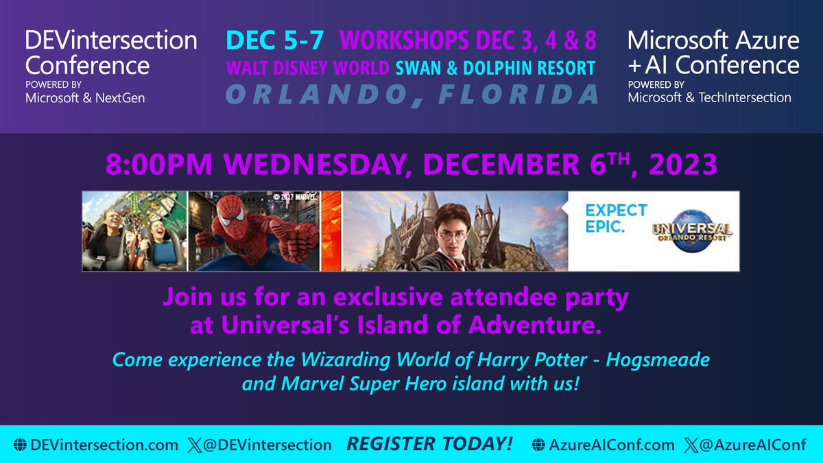 DEVintersection's tweet image. Announcing the Exclusive Attendee Party at Universal Studios!  Come join the celebration!

Register Today: devintersection.com 
@msdev @Azure @MicrosoftAI #AzureAIConf23
#DEVintersection23