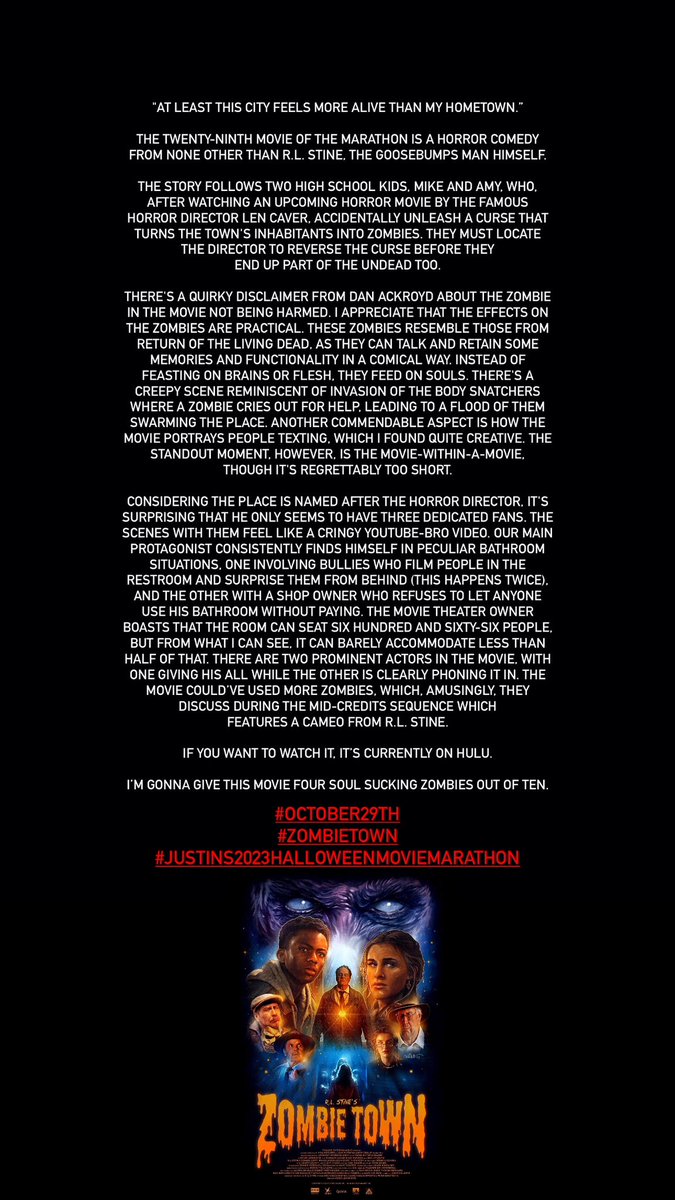 JustinDGriff's tweet image. The twenty-ninth movie of the marathon is one that turned me into a tired zombie as I fell asleep after watching it last night and didn’t get to post about it till today.

#October29th
#ZombieTown
#Justins2023HalloweenMovieMarathon