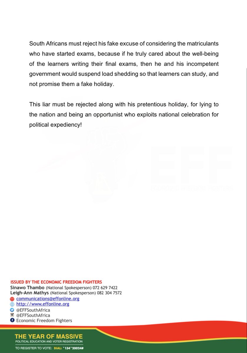 The EFF Rejects Cyril Ramaphosa’s Opportunistic Announcement Of A Holiday Within A Holiday