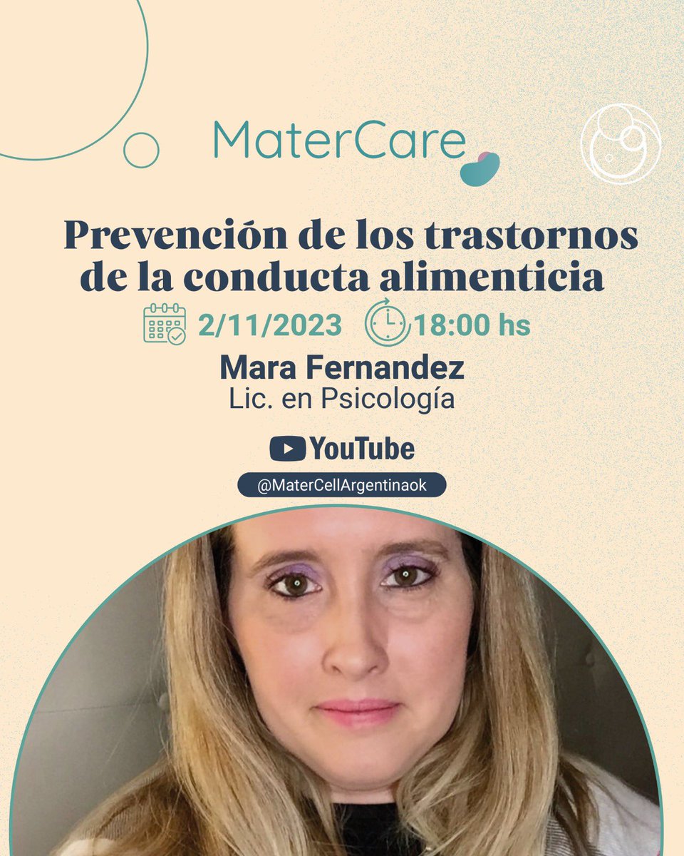 MatercellAR's tweet photo. 👉 Te invitamos a sumarte a nuestro próximo taller MaterCare! 

el jueves 2/11 a las 18 hs, la lic Mara Fernandez dará un taller de prevención de los trastornos de la conducta alimentaria. 

Los esperamos!
Inscribite  ingresando en https://t.co/yvCmXqJe5A https://t.co/Nh05TN4Bna