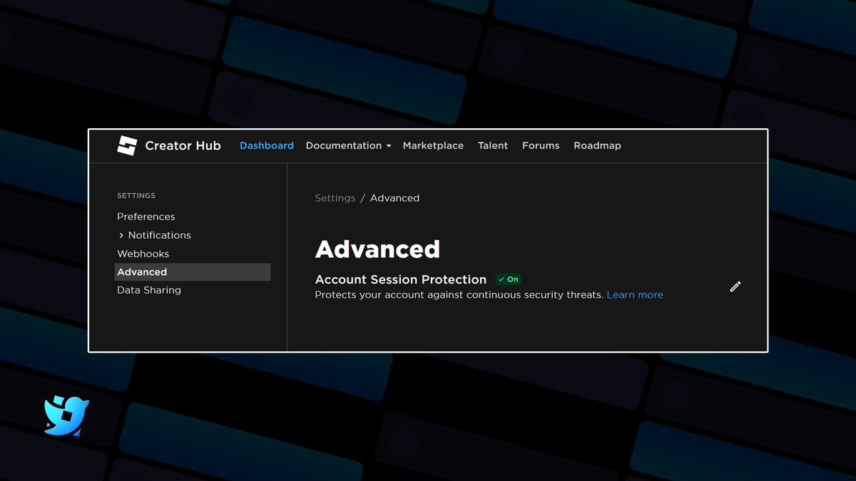 Roblox_RTC's tweet photo. Roblox has just announced a new setting for account security called "Account Session Protection"!

If this setting is turned on and a hacker has your ROBLOSECURITY cookie, they will not be able to access your account elsewhere with that cookie!

Starting January 15th, 2024, everyone will have this enabled on the auth, account information, trades, and billing API endpoints, meaning that this could be the END of losing your expensive limiteds or account.