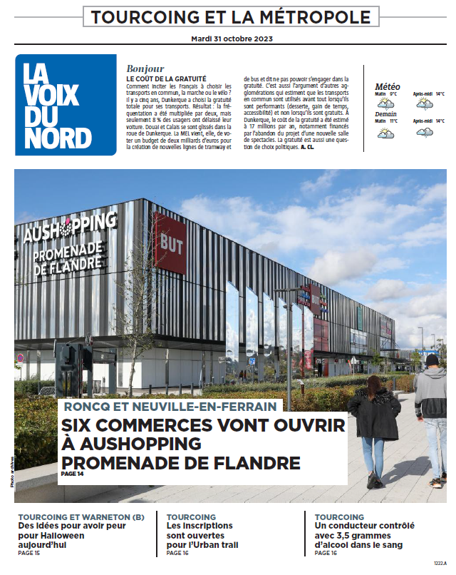 Bonjour, voici la une de #Tourcoing ce mardi. Passez une bonne journée. Le journal numérique >> journal.lavoix.com