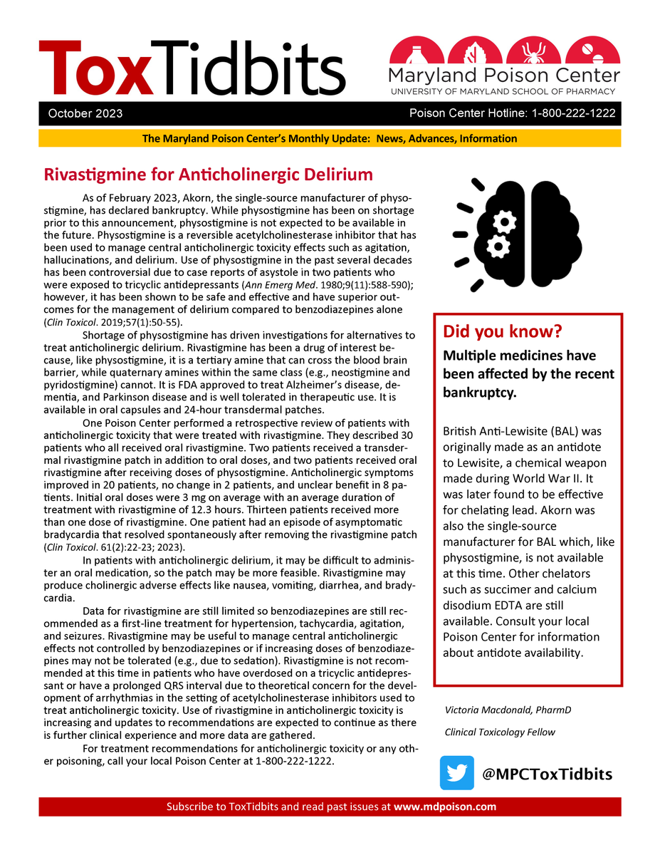 Our latest edition of ToxTidbits on Rivastigmine for Anticholinergic Delirium, written by our Junior Tox Fellow- bit.ly/RivastigmineTTB