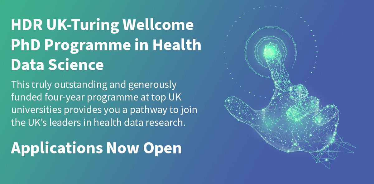 HDRUKLearning's tweet image. We are delighted to announce that our HDR UK-Turing Wellcome PhD Programme in Health Data Science is now accepting applications. All information, eligibility, application process, support & benefits can be found here bit.ly/3tRFUzN #PhdProgramme #DataScience #HealthData