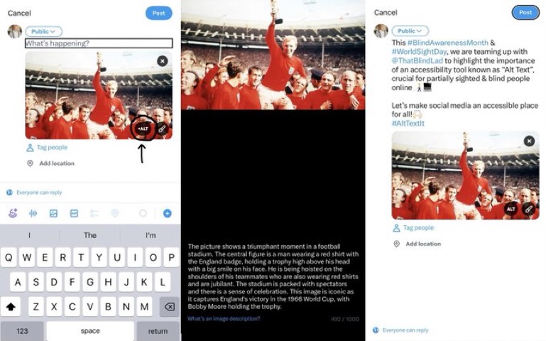 CountyPodcast's tweet photo. This #BlindAwarenessMonth, we are teaming up with @ThatBlindLad to highlight the importance of an accessibility tool known as “Alt Text”, crucial for partially sighted & blind people online!🧑🦯📷
Let’s make social media an accessible place for all!📷#AltTextIt https://t.co/vsheEAUyfm