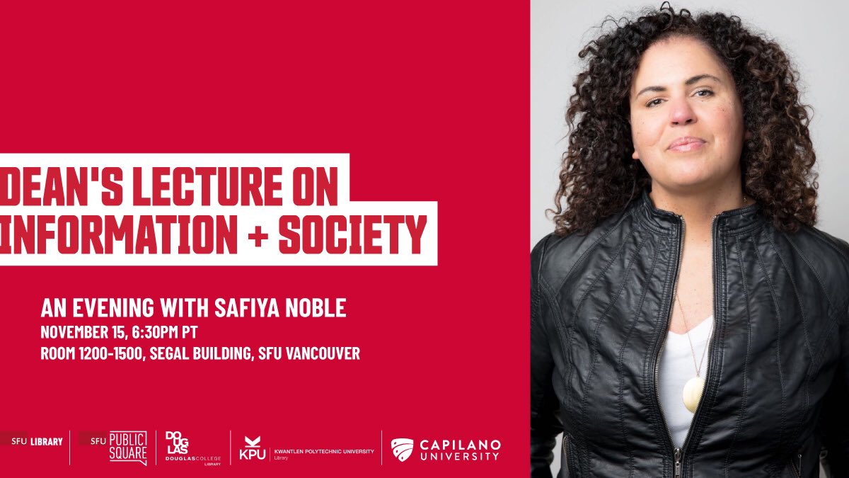 Thrilled to share that @safiyanoble will be delivering our Dean’s Lecture on Information + Society! ✨ She’ll be in conversation with @mysdick of @sfuCMNS. Nov 15 | 6:30pm PT In-person @sfuvan or online Register: lib.sfu.ca/about/reach-us…