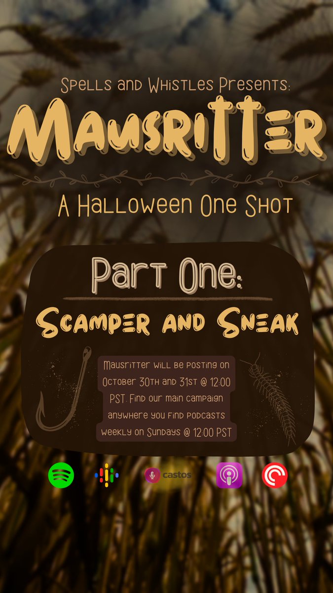 spells_whistles's tweet photo. Part one of our two part Halloween one shot is now LIVE! Join Ben as the GM and our players Kelly, John, Stephanie, Grace, Meg, and myself as we all take on the MAUSRITTER ttrpg! #dnd #ttrpg #mausritter #mausritterttrpg #actualplay #podcast #ttrpgpodcast https://t.co/a5CUjQhuHL