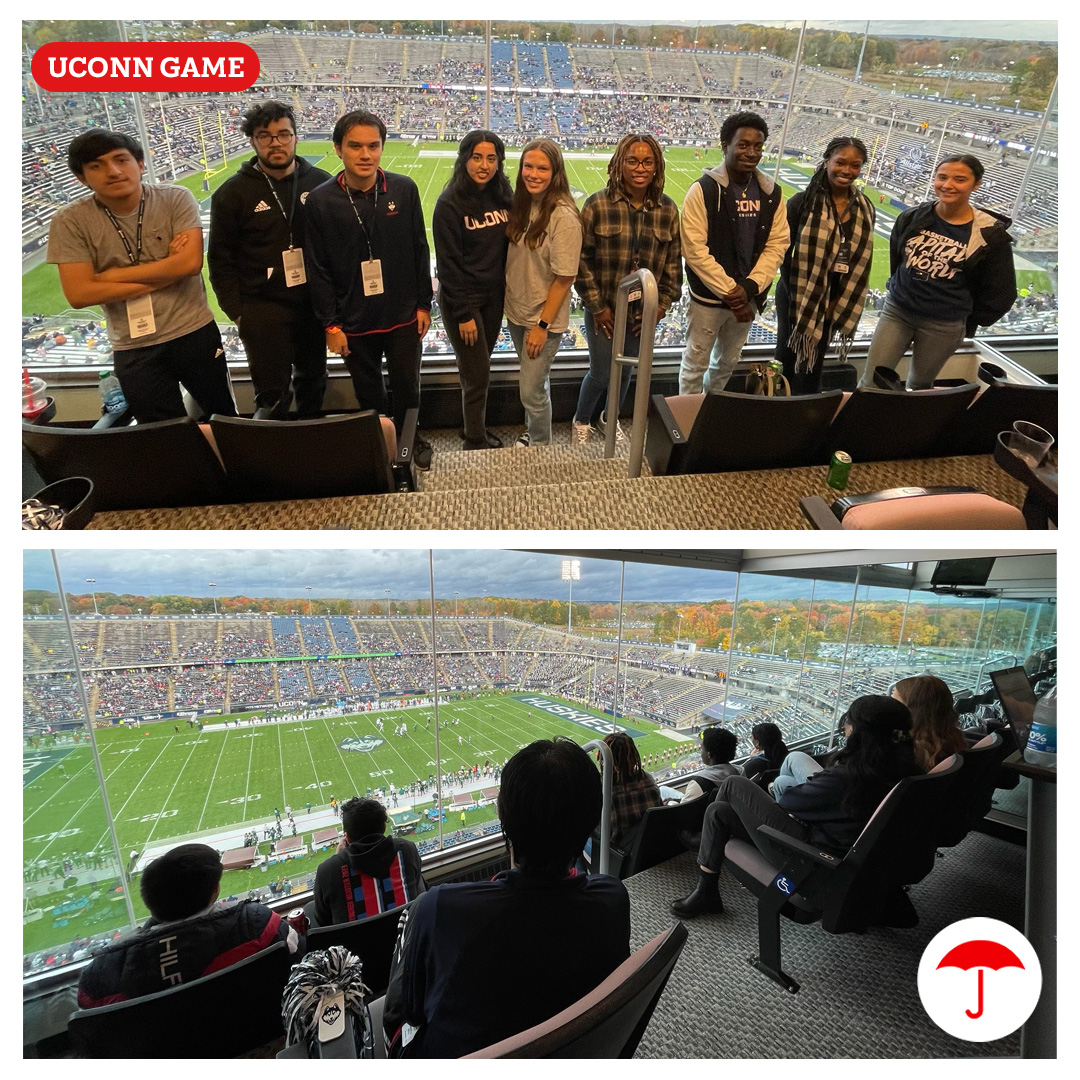 We got to hang with our returning interns and Leadership Development Program participants as well as students from @NSBE and @SHPE at @UConnFootball's Homecoming Game at @PWStadium. It was a great view from the Travelers suite! #TRVintern #Campus