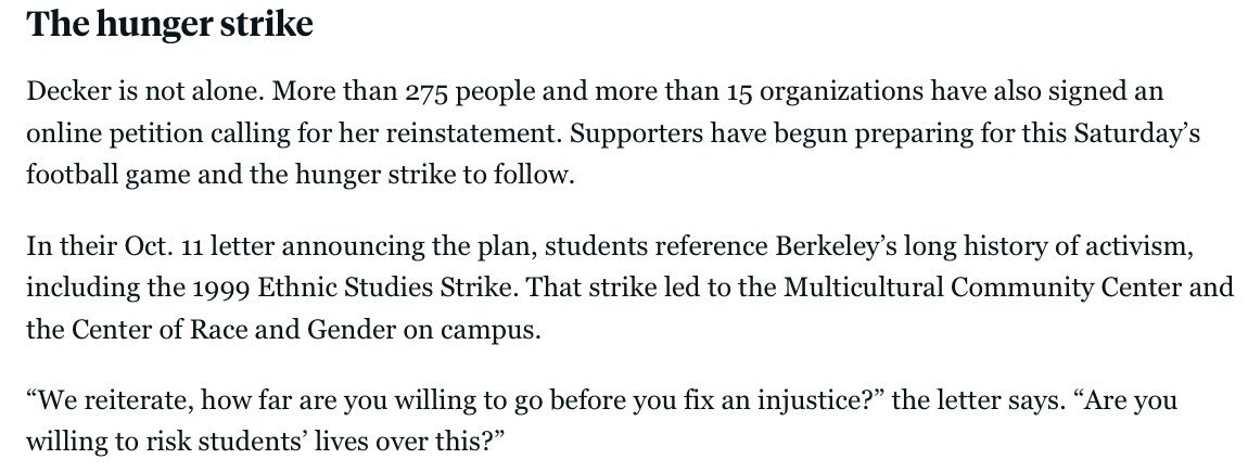 RichardHanania's tweet photo. At Berkeley, a Latinx female professor of Spanish and Portuguese becomes obsessed with another professor and stalks him. She keys his car, harasses his friends, and goes to his mother's house.  

The Latinx professor gets suspended, now her students are on a hunger strike. 

Berkeley sophomore: “Professor del Valle isn’t just any faculty member, she’s the top expert in colonial studies."

As one can tell from a photo of the protestors, the hunger strike hasn't kicked in yet. But they promise to start after disrupting the next football game. https://t.co/VCeu5dSTUI