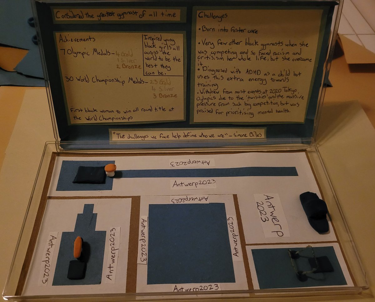 Adatomy's tweet image. Mini-A picked @Simone_Biles as their person to do their #BlackHistoryMonth project on. Nice model of the arena and apparatus for #Antwerp2023 #gymnastics