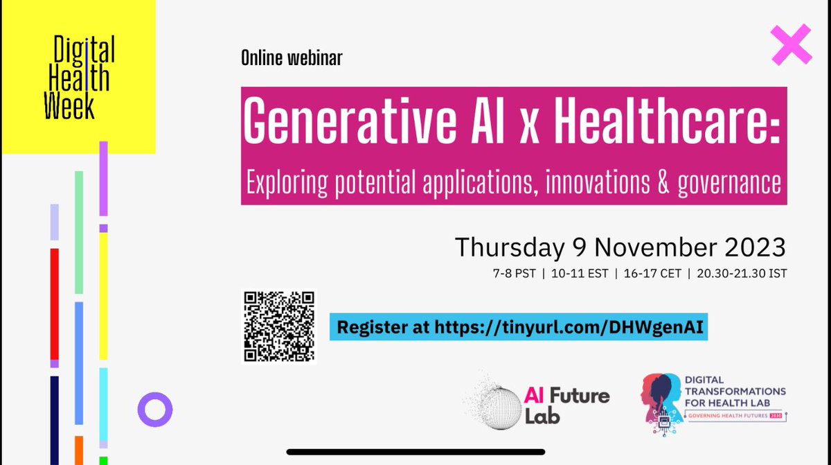 There’s still time to register for our #DigitalHealthWeek webinar on #Generative AI x #Healthcare!

Join to to learn about:
➡️ Current &amp; future applications of genAI in healthcare
➡️ Ethical &amp; governance considerations

tinyurl.com/DHWgenAI

#MyHealthFutures #ShapingAI