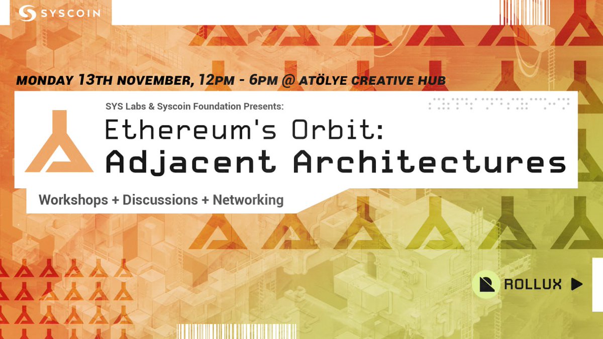 SYSLabsOfficial's tweet image. 📣 @DevconnectIST is in TWO MORE WEEKS! Come see us &amp;amp; our partners at "Ethereum's Orbit" to discuss the cutting-edge #EVM future! 🇹🇷

🤝 SYS Labs, @RolluxL2, @SupraOracles, @PolyHedra, @RiscZero, &amp;amp; @Metis

🗓️ Nov 13, 12-6PM
📍 ATÖLYE CREATIVE HUB
👉 RSVP: lu.ma/ETHOrbit