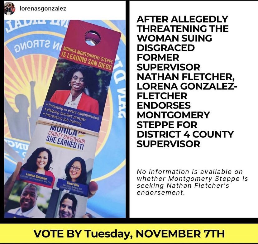 ZackGianino's tweet photo. 🚨 Lorena Gonzalez-Fletcher (blocked or I’d tag) is endorsing a candidate running for the very position her husband was pressured to vacate after allegedly s*xually assaulting a subordinate - lawsuit pending. ⚠️

How is this endorsement something you’re proud of❓

LG is a Disgrace to San Diego & California. 

LG is literally complicit in actively intimidating a victim of her husbands inappropriate sexual misconduct. ❌