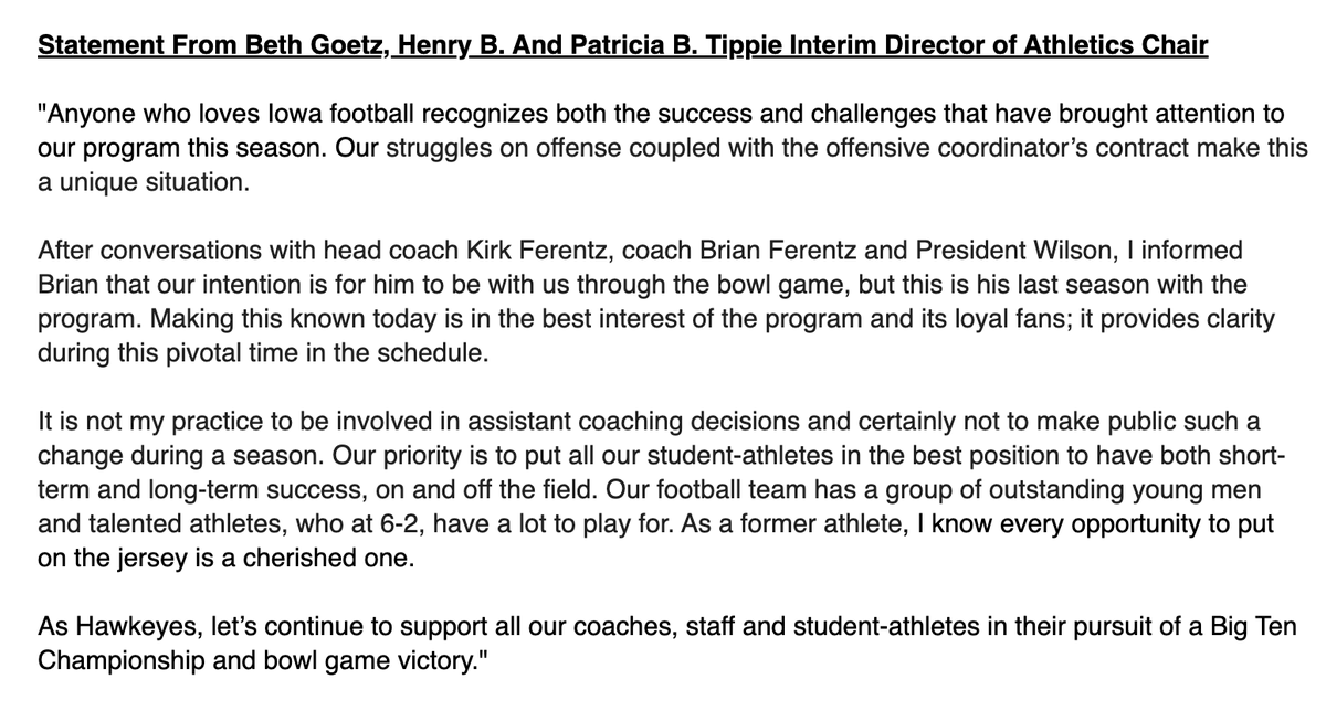 NicoleAuerbach's tweet photo. NEWS: Iowa offensive coordinator Brian Ferentz is out at the end of the season. https://t.co/slxse1gfPS