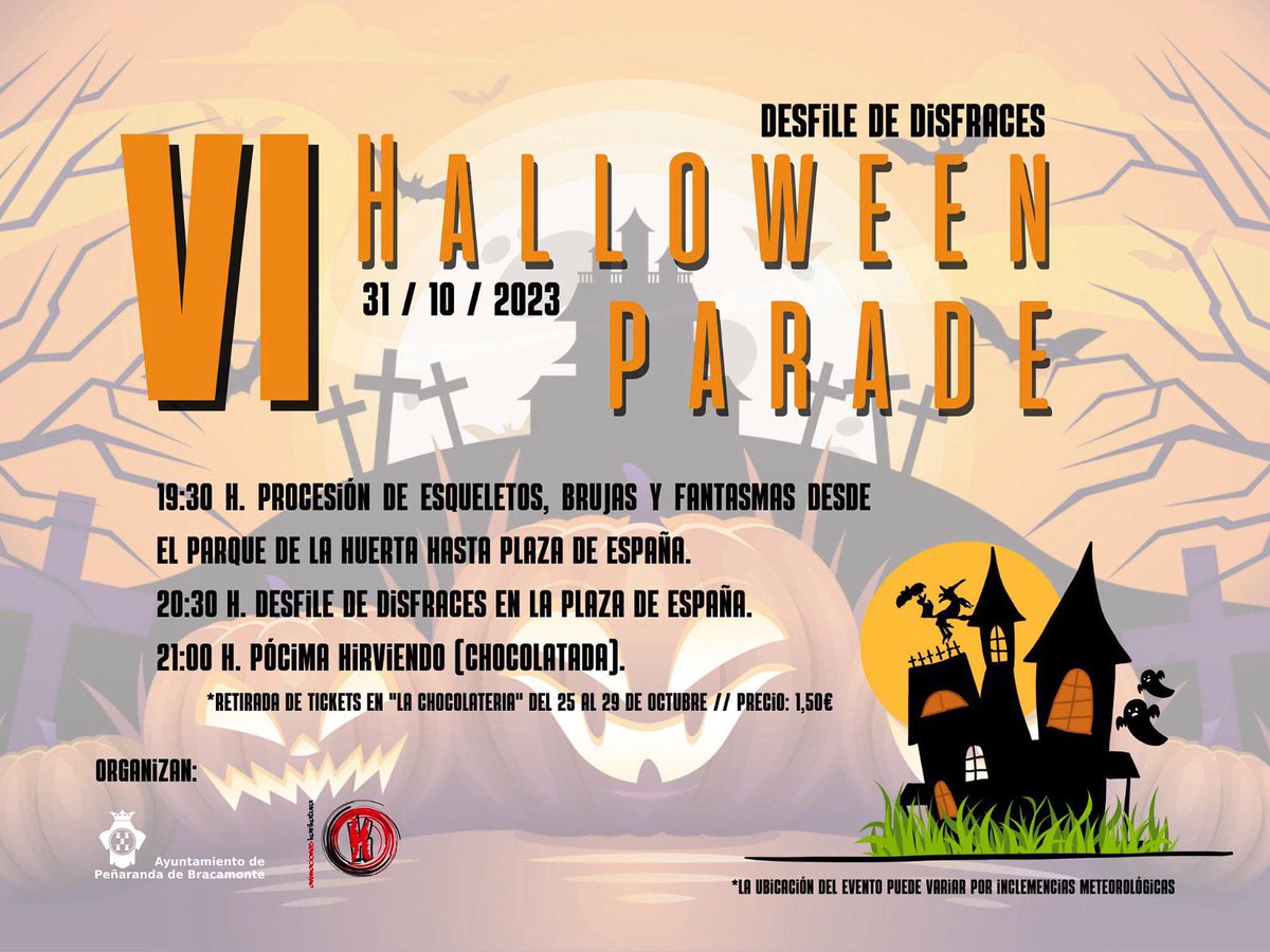 AytoPenaranda's tweet photo. 🎃 Mañana celebramos la sexta edición de Halloween Parade en #Peñaranda. ¿Ya tienes preparado tu disfraz? Y, ¿has conseguido el ticket para la chocolatada? 

🗣️ Confirmamos que todas las actividades se realizarán en la ubicación que aparece en el cartel.

Gracias y a disfrutar 😄 https://t.co/NiqSpv8xSe