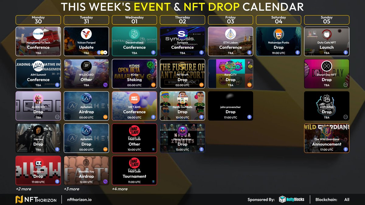 🗓️This Week's All Blockchains Event &amp; NFT Drop Calendar

Check out the events, set your alarm, have fun!

━
nfthorizon.io/nft-calendar/?…
⏰GoogleCalendar &amp; Mail Services supported
━
<a href="/HongKongFinTech/">HongKongFinTech</a> <a href="/amiralienxix/">ALIEN 𝕏I𝕏 | 𝗡𝗙𝗧𝗡𝗬𝗖 𝟮𝟰</a> <a href="/Herogameonline/">Heroes</a> @Hallowinft @TalesotCrypto <a href="/KatSheKittyBast/">Ḳ𝖎𝖙𝖙𝖞 𝕭𝖆𝖘𝖙</a>